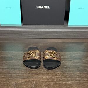 Louis Vuitton Brown Monogram Slide Sandals with Gold LV Emblem
